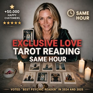 Könnte beinhalten: Ein Tarot-Leseservice mit dem Text EXCLUSIVE LOVE TAROT READING SAME HOUR, +50.000 HAPPY CUSTOMERS und VOTED BEST PSYCHIC READER IN 2024 AND 2025. Die Darstellung zeigt sieben Tarotkarten, die auf einer Oberfläche mit drei weißen Kerzen angeordnet sind.