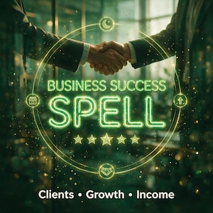 Op de afbeelding: Een digitale afbeelding met een oplichtende groene neoncirkel die de tekst BUSINESS SUCCESS SPELL boven vijf sterren omsluit. Kleine iconen van een winkel, een pijl en een handdruk zijn zichtbaar. Onderaan staat de tekst Clients • Growth • Income.
