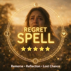 May include: A digital graphic featuring the text REGRET SPELL in glowing yellow letters, centered over a crying face. A circular frame contains symbols of a crescent moon, hourglass, broken heart, and clock, with five yellow stars and text below.