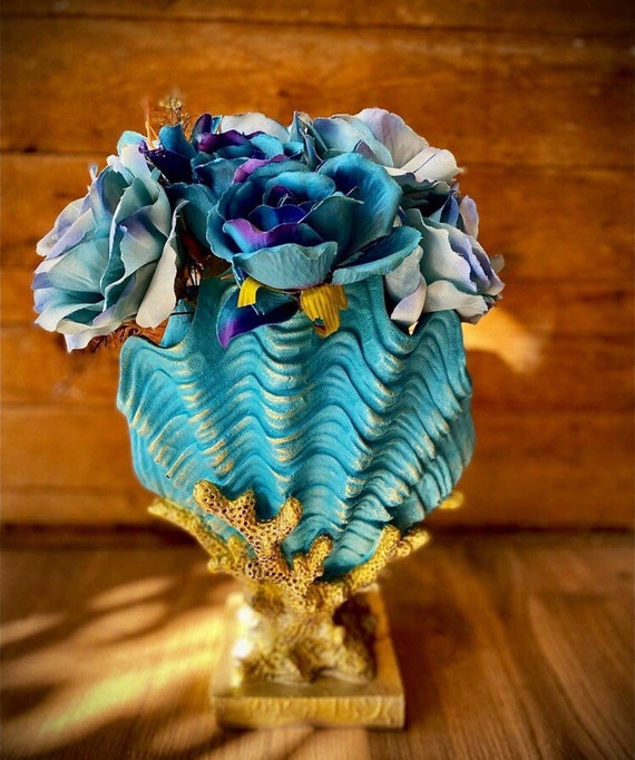 Muschel Vase: Antike Austernmuschel, Blau & Gold Keramik Vase