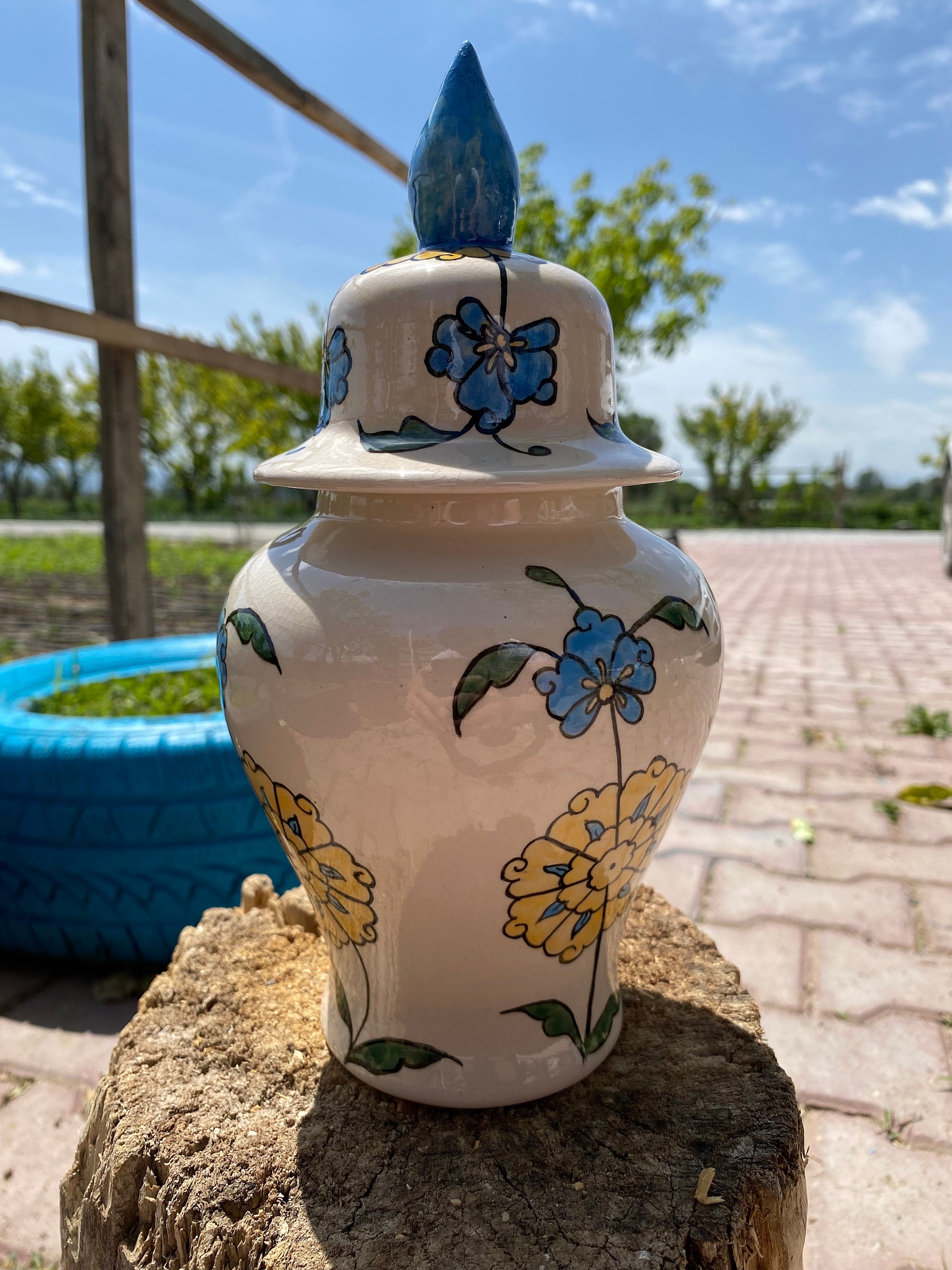 手作りの蓋付き陶器ジャー - 花柄の収納または装飾品 (20 cm) - Etsy 日本