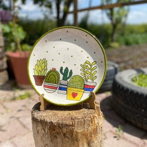 Handmade Ceramic Plate with Cactus Design - Colorful Decorative Plate for Home or Kitchen (25 cm)