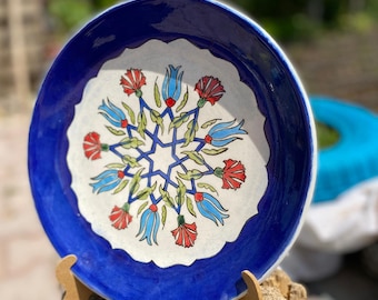 Handmade Turkish Ceramic Plate: Blue Floral Serving Dish (12.2’’)