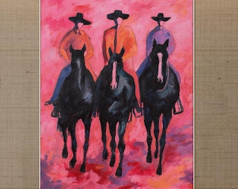 Cowboy Textured Wall Art Pink Western Painting on Canvas Abstract Horse Riders Art Contemporary Bold Art Large Living room Wall Decor