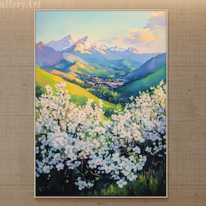 春の山の風景油絵 キャンバスに咲く桜の木 テクスチャードウォールアート インパスト サニーバレー ウォールアート 寝室装飾