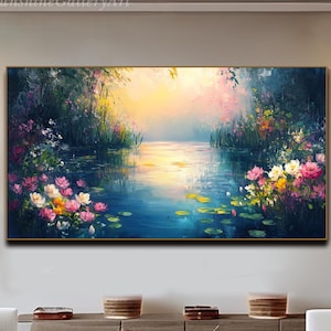 Nature Lake Landscape Painting On Canvas Large Horizontal Textured Wall Art Impressionist Wildflower Living Room Wall Art Botanical Decor