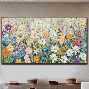 Horizontal Floral Textured Wall Art Original Wildflower Meadow Painting On Canvas Impressionist Living Room Wall Art Spring Inspired Decor