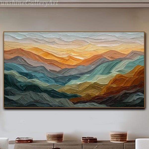 Pintura abstracta de paisaje de montaña sobre lienzo, arte de pared con textura panorámica, arte de montaña en tonos tierra, arte moderno grande, arte de pared para sala de estar
