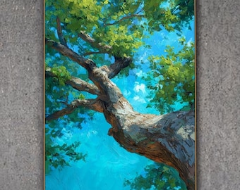 Cuadro de árbol con técnica impasto sobre lienzo. Arte mural con textura de naturaleza vibrante: cielo y hojas. Lienzo grande vertical moderno para la decoración de la pared del salón.