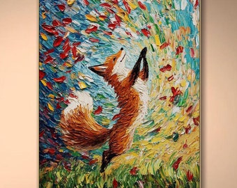 Original Fox Painting On Canvas Colorful Animal Texture Wall Art Vibrant Wildlife Artwork Whimsical Canvas Art Large Living Room Decor