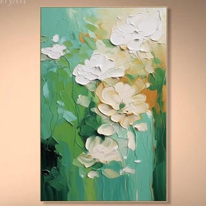 Abstract Floral Textured Wall Art Green White Painting On Canvas Impasto Botanical Artwork Contemporary Farmhouse Art Living Room Wall Art
