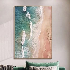 Serene Coastal Aerial View: Tranquil Beach Waves Canvas Art, Oceanic Hues and Sandy Shores, Abstract Seascape Wall Decor for Home and Office