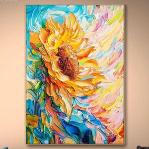 Sunflower Oil Painting On Canvas Colorful Floral Textured Wall Art Vibrant Impasto Artwork Bright Summer Bloom Wall Art Living Room Wall Art image 1