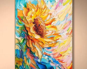 Sunflower Oil Painting On Canvas Colorful Floral Textured Wall Art Vibrant Impasto Artwork Bright Summer Bloom Wall Art Living Room Wall Art