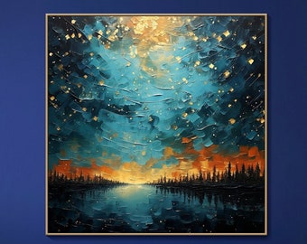 Peinture à l'huile sur toile, paysage nocturne, ciel étoilé, peinture colorée, ciel nocturne, peinture nature, salon, art mural, peinture étoilée spirituelle