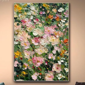Fleurs roses et crème, peinture à l'huile sur toile, art mural texturé, art floral au couteau, printemps vibrant, jardin, grand salon, décoration murale