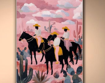 Cowboy Textured Wall Art Pink Western Painting on Canvas Desert Horse Riders Art Southwestern Decor Horseback Art Living room Wall Art