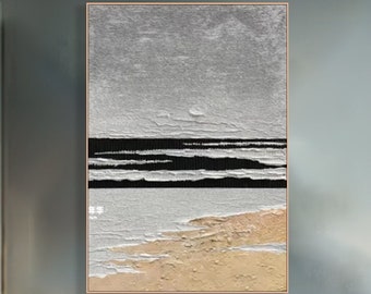 Original Minimalist Painting Grey and White Tone Beach Landscape Abstract Decorative Artwork Wabi-Sabi Style Art Home Hanging Painting