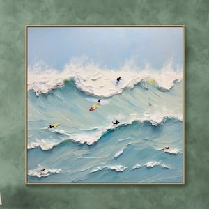 Frame Happy Coast Painting Custom Swimming Surfing Painting Texture Wall Art Personalized Gift Summer Costal Crowds on the Shore Painting