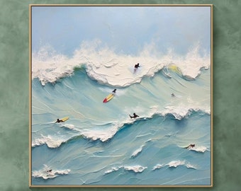 Frame Happy Coast Painting Custom Swimming Surfing Painting Texture Wall Art Personalized Gift Summer Costal Crowds on the Shore Painting