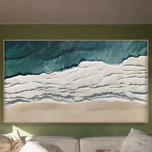 Original 3D Textured Wall ArtTeal Blue ocean Minimalist Painting on Canvas Sea Wave Painting Wabi-Sabi Wall Art Modern Bedroom Wall Decor