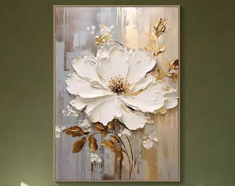 Original Textured Wall Art Abstract White Flower Painting on Canvas Minimalist Modern Living Room Painting Elegant Wall Decor Fancy Wall Art