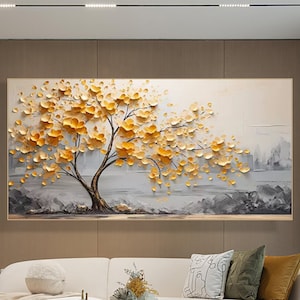 Golden Tree Oil Painting Large Wall Art 3D Textured Canvas Modern Home Decor Hand-Painted Abstract Artwork Autumn Tree Painting