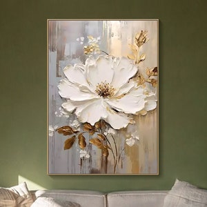 Original Textured Wall Art Abstract White Flower Painting on Canvas Minimalist Modern Living Room Painting Elegant Wall Decor Fancy Wall Art