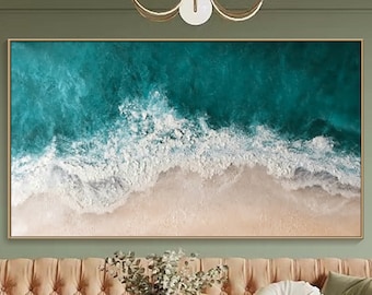 3D Textured Painting on Canvas Blue ocean Minimalist Painting Sea Wave Painting Wabi-Sabi Wall Art Morden Art Bedroom Wall Decor Fashion Art