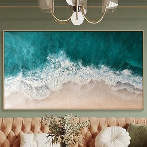 3D Textured Painting on Canvas Blue ocean Minimalist Painting Sea Wave Painting Wabi-Sabi Wall Art Morden Art Bedroom Wall Decor Fashion Art