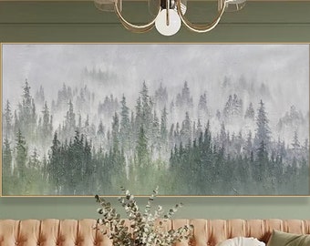 Original Green Forest Painting on Canvas 3D Trees Textured Wall Art Trendy Home Decor Natural Scenery Painting Boho Modern Canvas WallArt