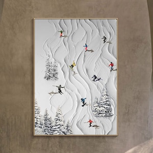 Custom Ski Sport Painting on Canvas 3D Textured Wall Art Personalized Gift Skier on Snowy Mountain Art White Snow Skiing Art Living Room Art