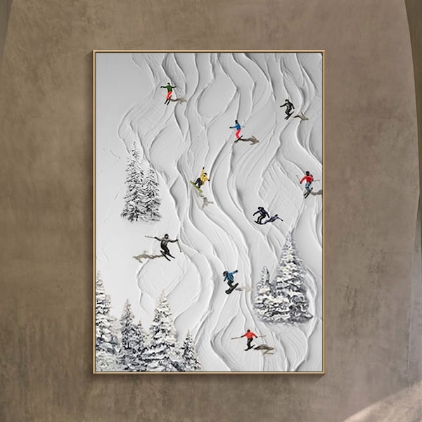 Benutzerdefinierte Ski Sport Gemälde auf Leinwand 3D strukturierte Wandkunst Personalisierte Geschenk Skier auf verschneiten Berg Kunst weißen Schnee Skilaufen Kunst Wohnzimmer Kunst