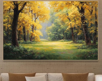 Autumn Forest Painting on Canvas Textured Wall Art Golden Tree Pathway Canvas Large Painting Hand Painted Natural Living room Wall Art