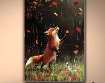 Fox Autumn Rain Oil Painting On Canvas Whimsical Animal Textured Wall Art Woodland Nursery Living Room Wall Art Forest Wildlife Decor