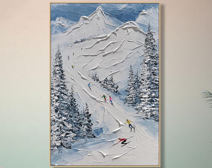 Custom Ski Sport Painting on Canvas 3D Textured Wall Art Personalized Gift Skier on Snowy Mountain Art White Snow Skiing Art Living Room Art