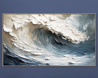 3D Textured Wall Art Blue ocean Painting on Canvas Minimalist Sea Wave Painting Wabi-Sabi Wall Art Morden Art Bedroom Wall Decor Fashion Art