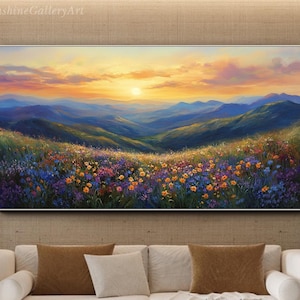Large Sunset Wildflower Textured Wall Art Original Floral Field Painting on Canvas Mountain Valley Living Room Wall Art Nature Unique Decor