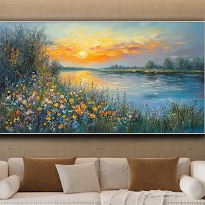 Wildflower Meadow Oil Painting On Canvas Lake Sunset Landscape Textured Wall Art Hand Painted Romantic Living Room Wall Art Unique Decor