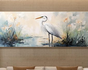 オリジナルの水彩画に描かれた白い白鷺、湖の上を飛ぶ雄大で優雅な白い