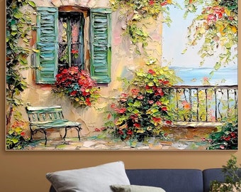 Mediterranean Balcony Painting On Canvas 3D Floral Textured Wall Art Rustic Window & Green Shutters Art Vibrant Coastal Art Living Room Art