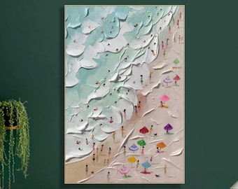 Glückliche Küste Malerei Schwimmen Malerei Benutzerdefinierte Malerei Textur Wandkunst personalisierte Geschenk Sommer Kunst Costal Kunst Menschenmassen am Ufer Malerei