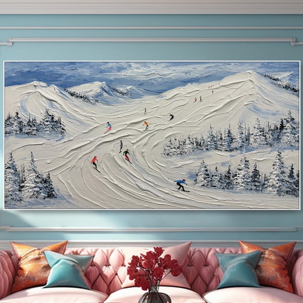 Original 3D Skiing Sport Art Panting on Canvas Textured Wall Art Personalized Gift For Skiers White Snowboards Painting Skiers Painting