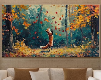 Original Fox Painting On Canvas Colorful Animal Texture Wall Art Vibrant Wildlife Artwork Whimsical Canvas Art Large Living Room Decor