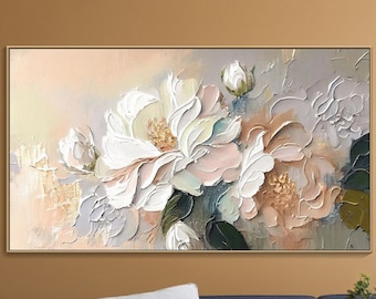 Original Flower Textured Wall Art 3D Abstract Painting On Canvas Wall Decor Living Room Soft Color Textured Flower Wall Art Spring Decor