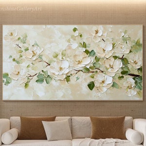 Floral Painting On Canvas 3D White Blossom Textured Wall Art Impasto Canvas Neutral Flower Artwork Modern Flower Art Large Living Room Art