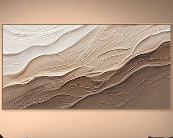 3D Earth Tone Minimalist Ocean Painting on Canvas Textured Wall Art Sea Wave Painting Wabi-Sabi Wall Art Morden Art Bedroom Wall Decor