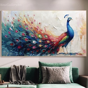 Pintura de pavo real sobre lienzo, arte de pared con textura colorida en 3D, arte abstracto de pájaros vibrantes, arte de pájaros grande pintado a mano, decoración moderna para sala de estar