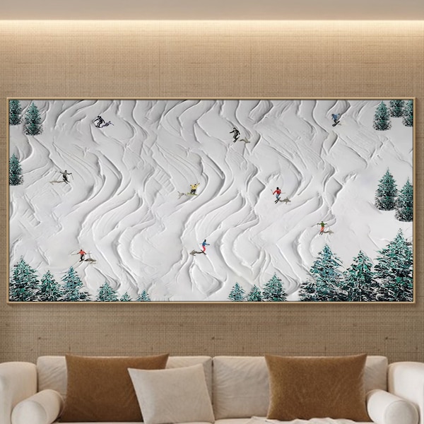 Original 3D Skiing Sport Art Panting on Canvas Textured Wall Art Personalized Gift For Skiers White Snowboards Painting Skiers Painting