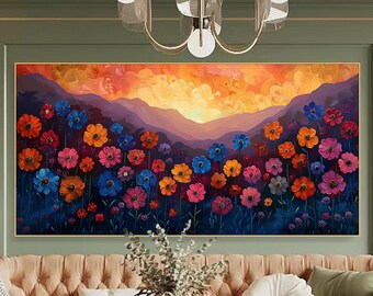 Original Artwork Peaceful&Colorful Flower Field Spring Sunset Scene  Choice for Art Collection and Home Decor 3D Textured Wall Art